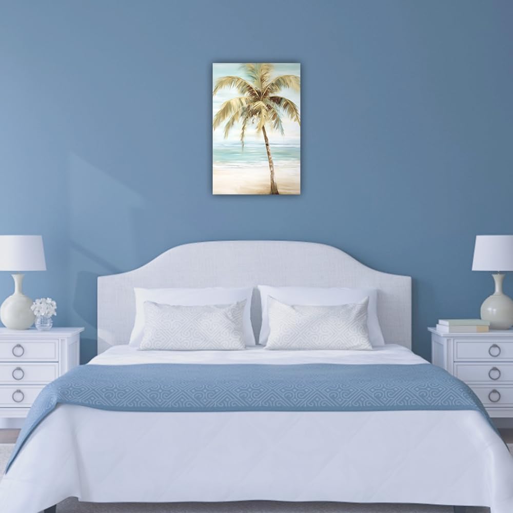 LURENCZH Tropical Beach Canvas Wall Art Seaside Palm Tree Picture Wall Decor Ocean Scenery Painting Prints for Bathroom Decor Framed(Beach-1,16.00" x 24.00")