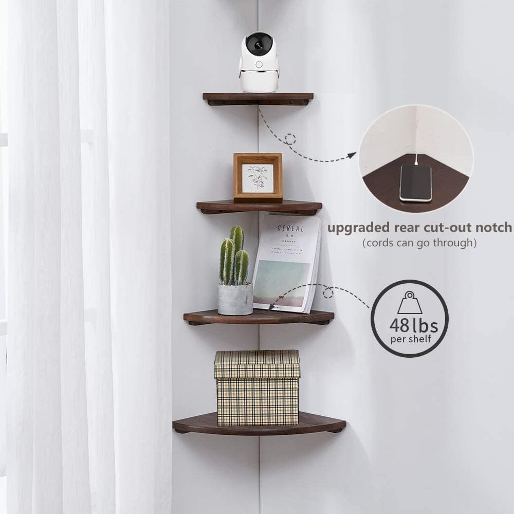 Corner Shelf, Solid Oak Wood Floating Corner Shelf Wall Mount Round End Floating Speaker with Wire Hole for Small Plant Photo for Bedroom Kitchen, Living Room