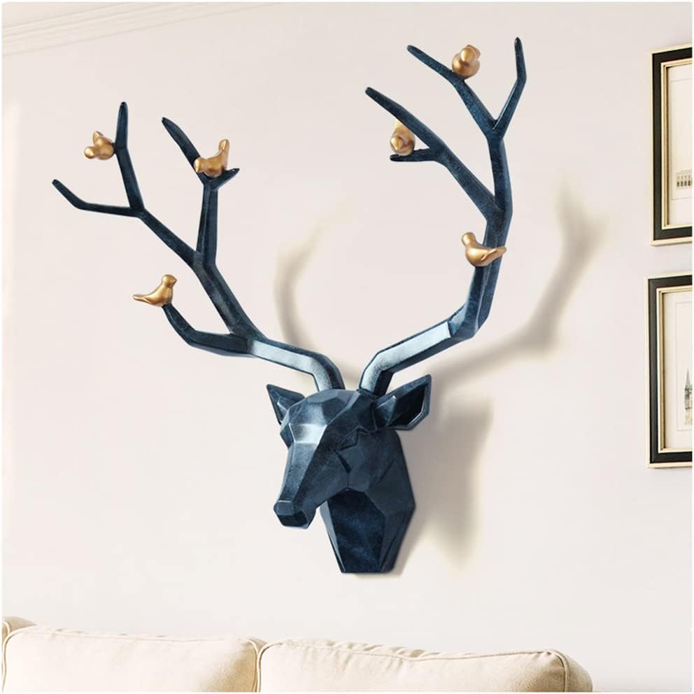 Deer Head Wall Decor Geometric Rustic Wall Mounted Deer Head, Faux Taxidermy Animal Head Wall Art Pendant, Handmade Resin Head Sculptures for Porch, Detachable Antlers, 6 Styles(Blue,20.1x20.4IN)