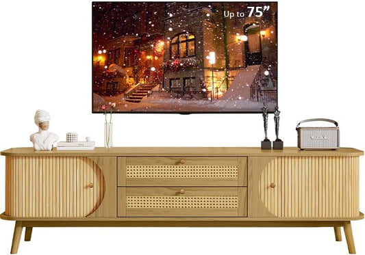 Merax Modern Fluted TV Stand for 75" TVs, Mid-Century Entertainment Center Tambour Door Media Console TV Cabinet with Rattan-Front Drawer for Living Room, Curved Profile Design