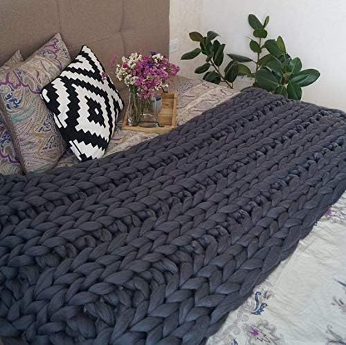 Chunky Knit Throw Bulky Merino Sofa Blanket Hand-Made Super Large Chair Mat Rug(Dark Gray 40"x60")