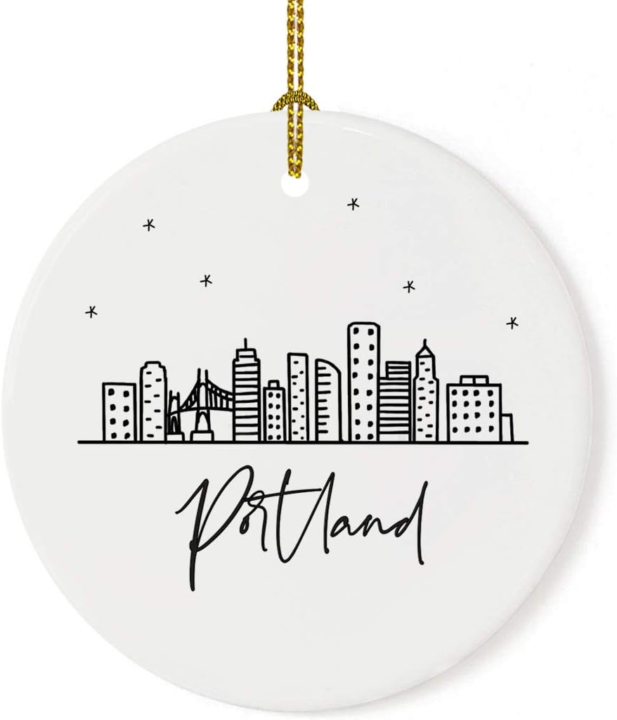 Andaz Press Round Ceramic Porcelain Christmas Tree Ornament Keepsake, Portland Black and White Stars City Skyline Graphic, 1-Pack, Birthday Gift Idea for Family, Coworker Him Her, Includes Gift Box