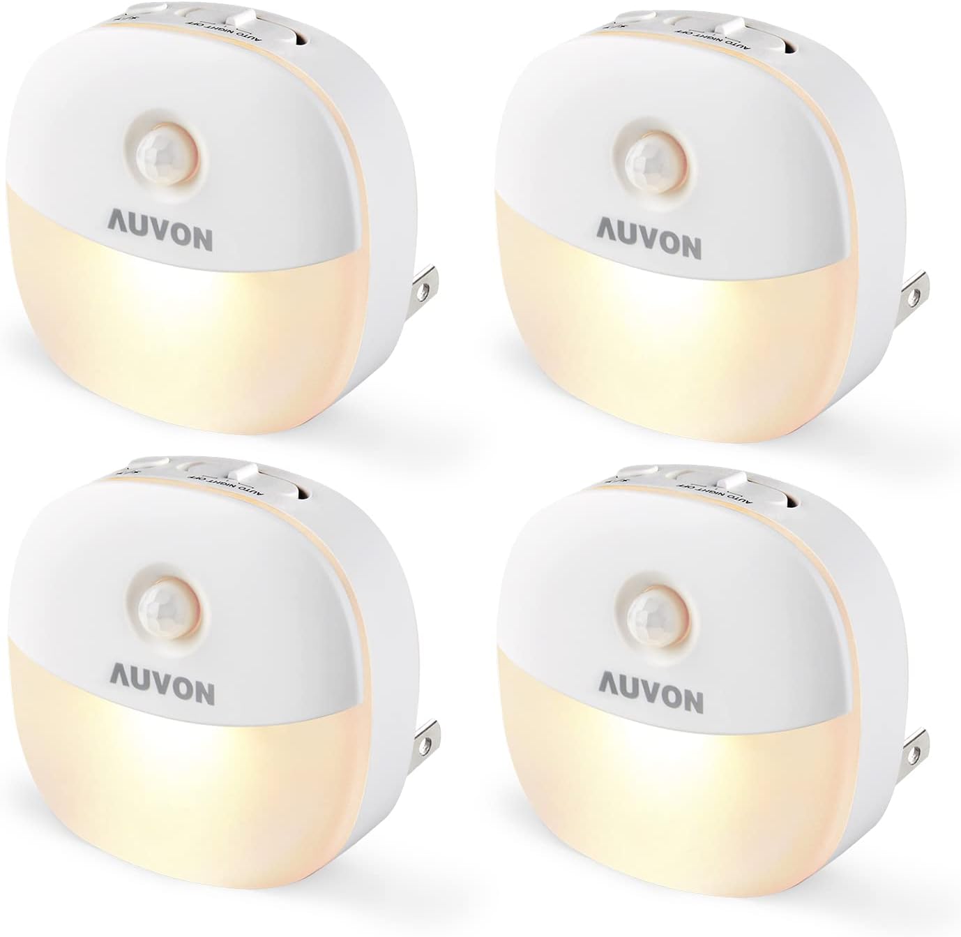 AUVON Plug in Night Light with Motion Sensor and Dusk to Dawn Sensor, Mini Warm White LED Nightlight with 1-50 lm Adjustable Brightness for Bathroom, Hallway, Stairs, Bedroom, Kitchen, 4 Packs