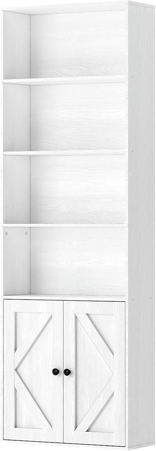 Tall White Bookcase with Doors – Wooden Bookshelf with Storage Cabinet & Shelves for Living Room, Bedroom, or Office