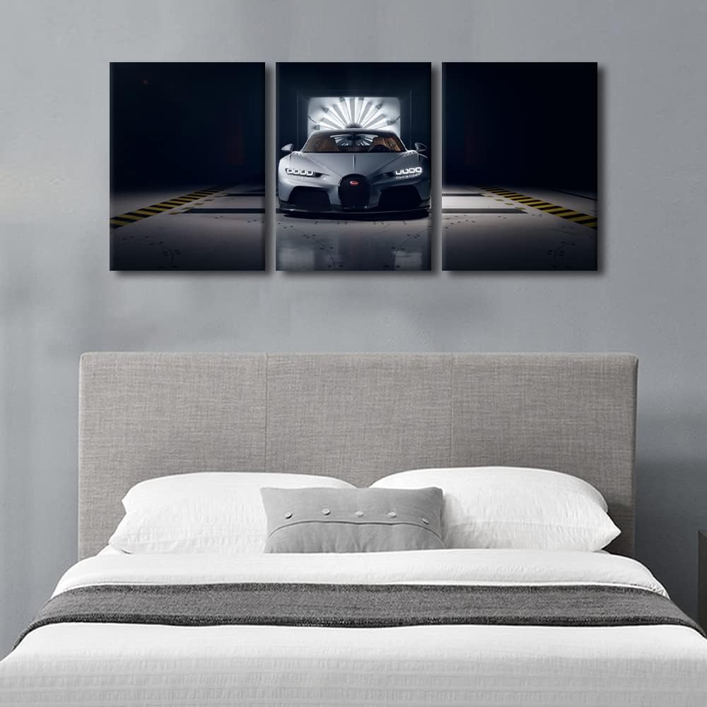 TUMOVO White Sports Car Modern Wall Art Super Car Picture Contemporary Artwork Print On Canvas Racing Car Poster for Boys Bedroom Wall Art Pictures for Living Room Framed Ready to Hang, 36" Wx16 H