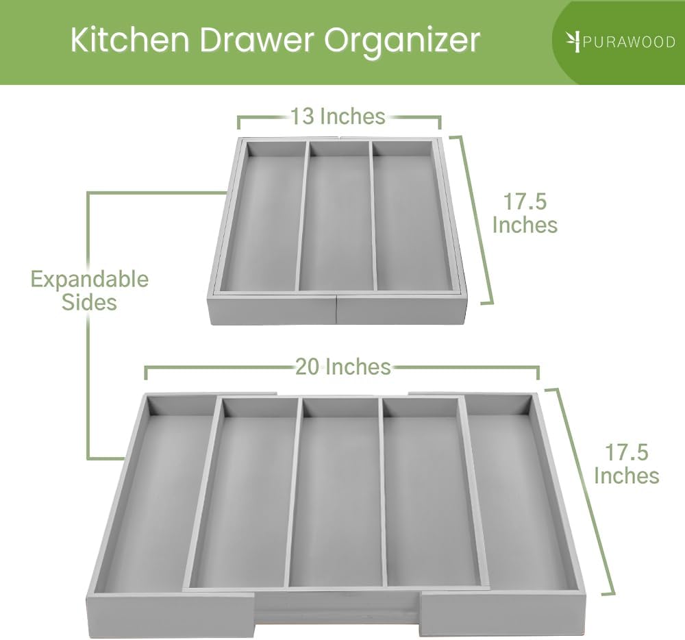 Purawood Kitchen Drawer Organizer - Expandable Utensil Drawer Organizer for Kitchen, Cutlery Tray & Silverware Organizer, 3-5 Slots - Bamboo Organizer for Utensils & Flatware (Grey)