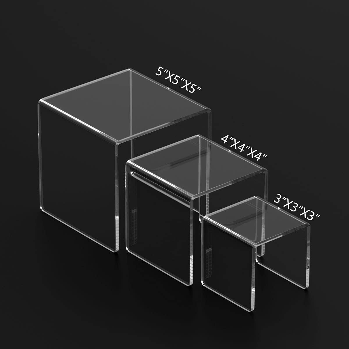 HIIMIEI Clear Acrylic Display Risers 2 Sets, 3-Tier Risers Stands Showcase for Amiibo Funko Pop Figures, Dessert, Jewelry-3"x4"x5"