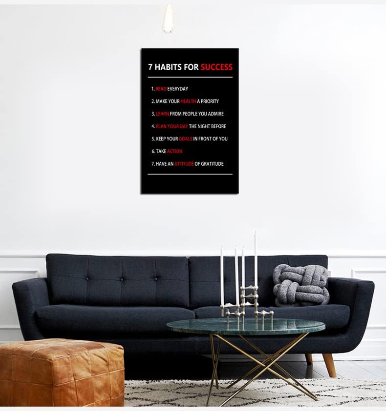WYJZDZQ8 7 Habits For Success Inspirational Canvas Wall Art Motivational Poster Painting Prints Pictures Inspiring Office Decor Artwork Living Room Gym Decoration Framed Ready to Hang [24''W X 36''H]