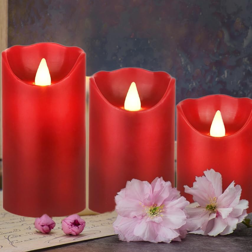 Flameless Battery Operated LED Candles with10key Button Remote Control 24-Hour Timer Set of 3 Electric Flickering Pillar Real Wax，Wedding, Party, Home Decoration (Red)