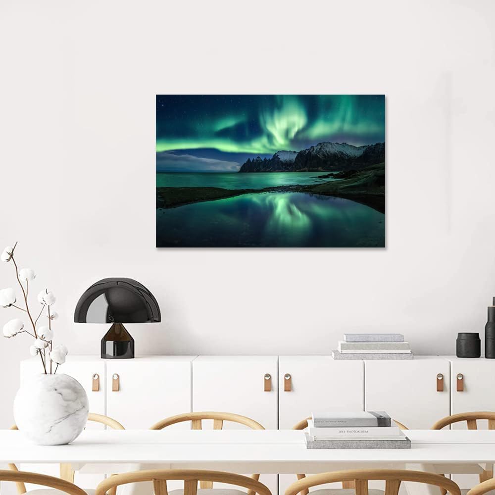 Aurora Borealis Wall Art Painting for Office Bedroom Scenery Landscape Canvas Print Framed Picture Northern Lights Poster Artwork Ready to Hang (28.00"x44.00")