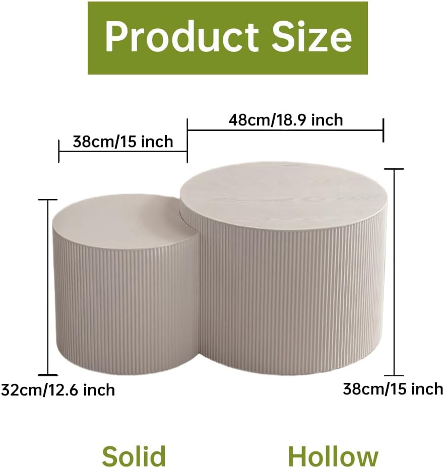 Round Nesting Coffee Table Modern White Fluted Coffee Table Set of 2 Stripe Round Coffee Tables Drum Crescent Side Table Accent End Table for Living Room (White A Small)