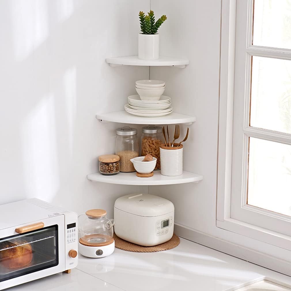 Corner Shelf, Solid Oak Wood Floating Corner Shelf Wall Mount Round End Floating Speaker with Wire Hole for Small Plant Photo for Bedroom Kitchen, Living Room White