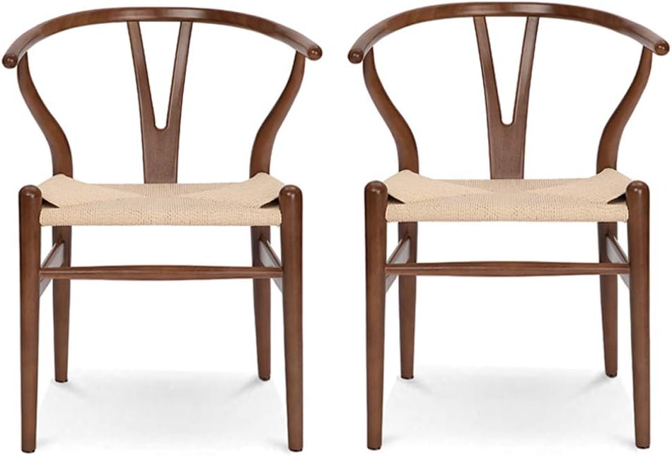 Wishbone Chair Natural Solid Wood Dining Chair/Hans Vegner Y Chair Rattan and Wood Accent Armrest Chairs (Ash Wood - Walnut 2 Chairs)