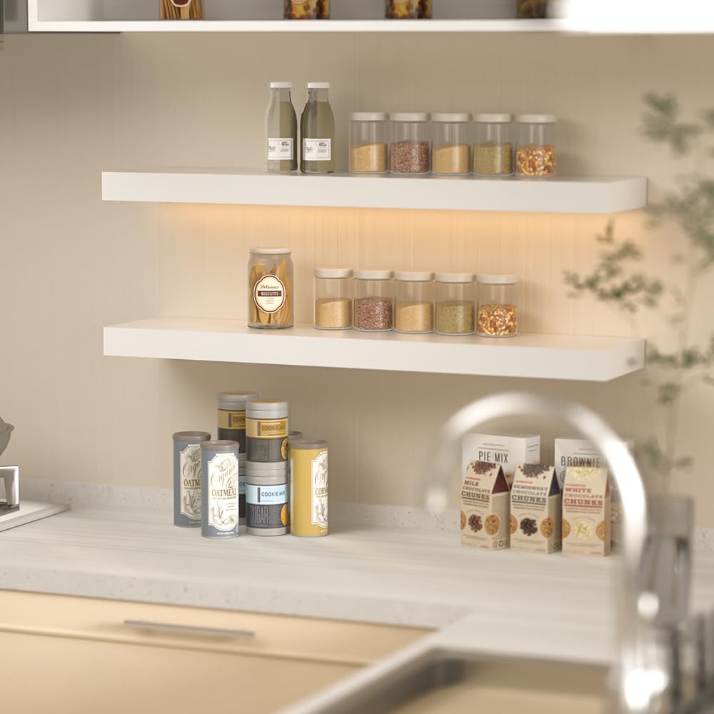 Habudda Floating Shelves for Wall, Display Shelf for Bathroom Bedroom Kitchen, Rustic Decor Pine Solid Wood Bookshelf, 30 Inch Long, Set of 2, White