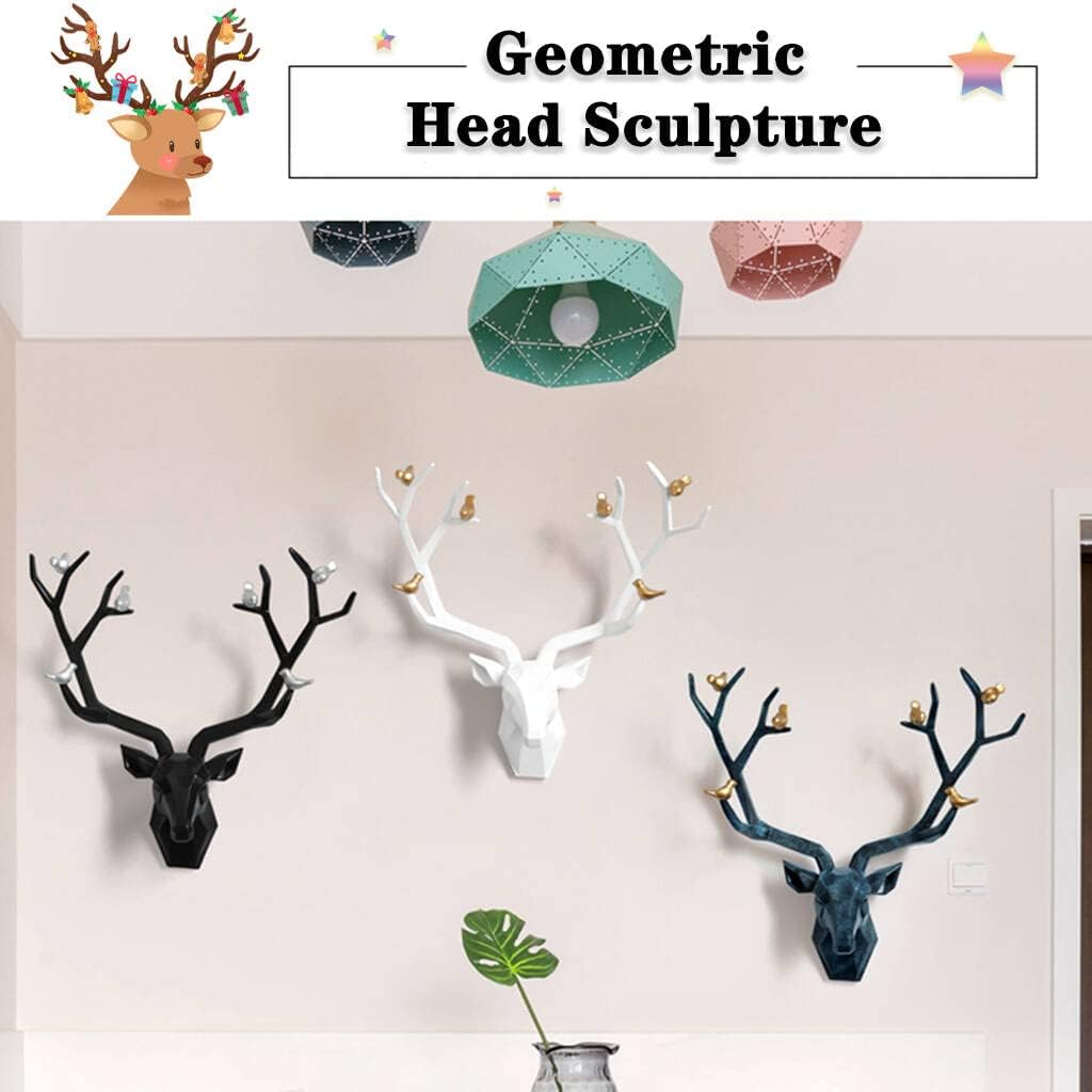 Deer Head Wall Decor Geometric Rustic Wall Mounted Deer Head, Faux Taxidermy Animal Head Wall Art Pendant, Handmade Resin Head Sculptures for Porch, Detachable Antlers, 6 Styles(White,21.8x15.7IN)