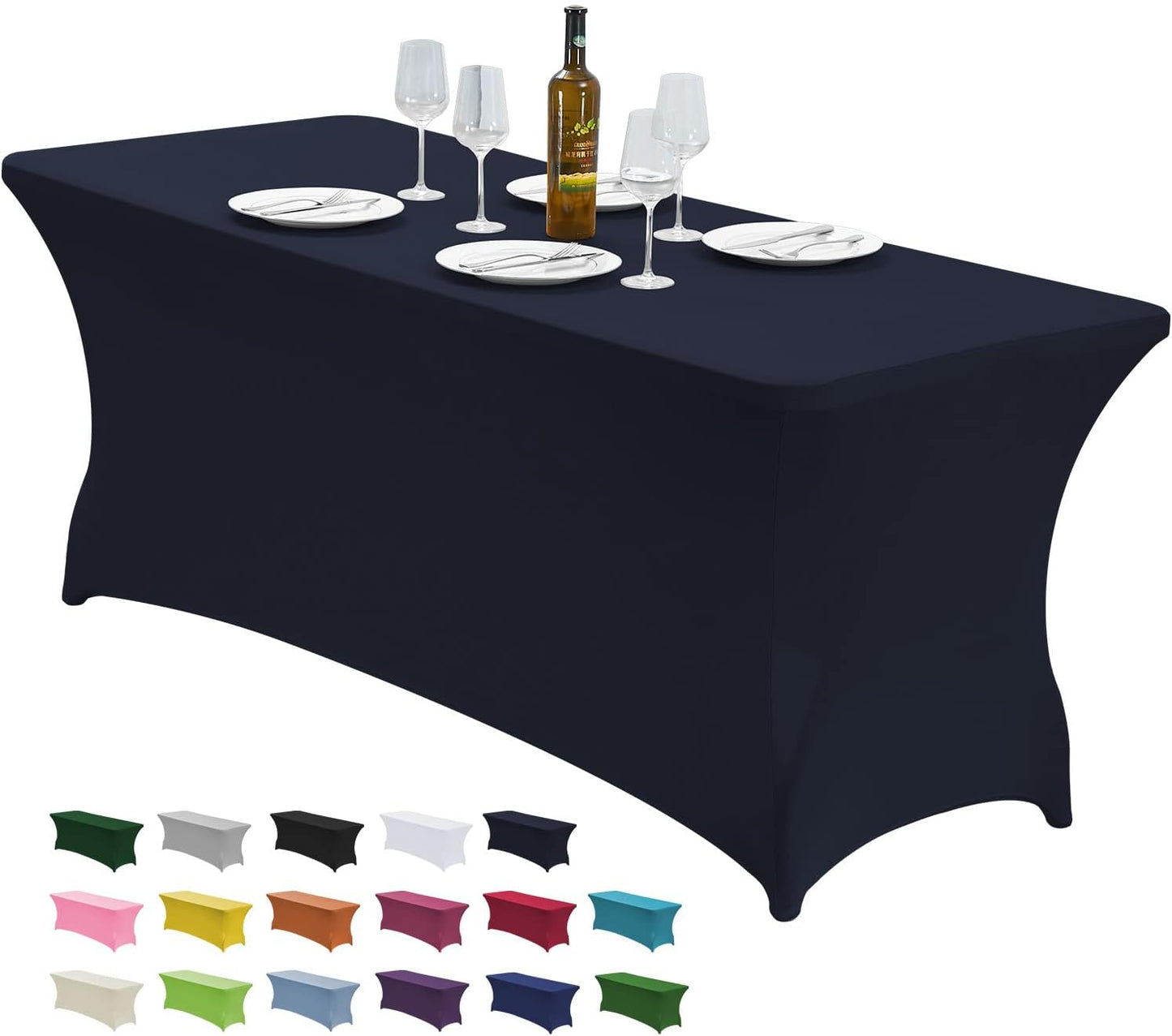CWK 8FT Waterproof Stretch Spandex Table Cover for Rectangular Tables - Elastic Fitted Tablecloth for Folding Tables,Wrinkle Resistant Table Cloth for Parties, Weddings, Banquets & Events (Navy Blue)