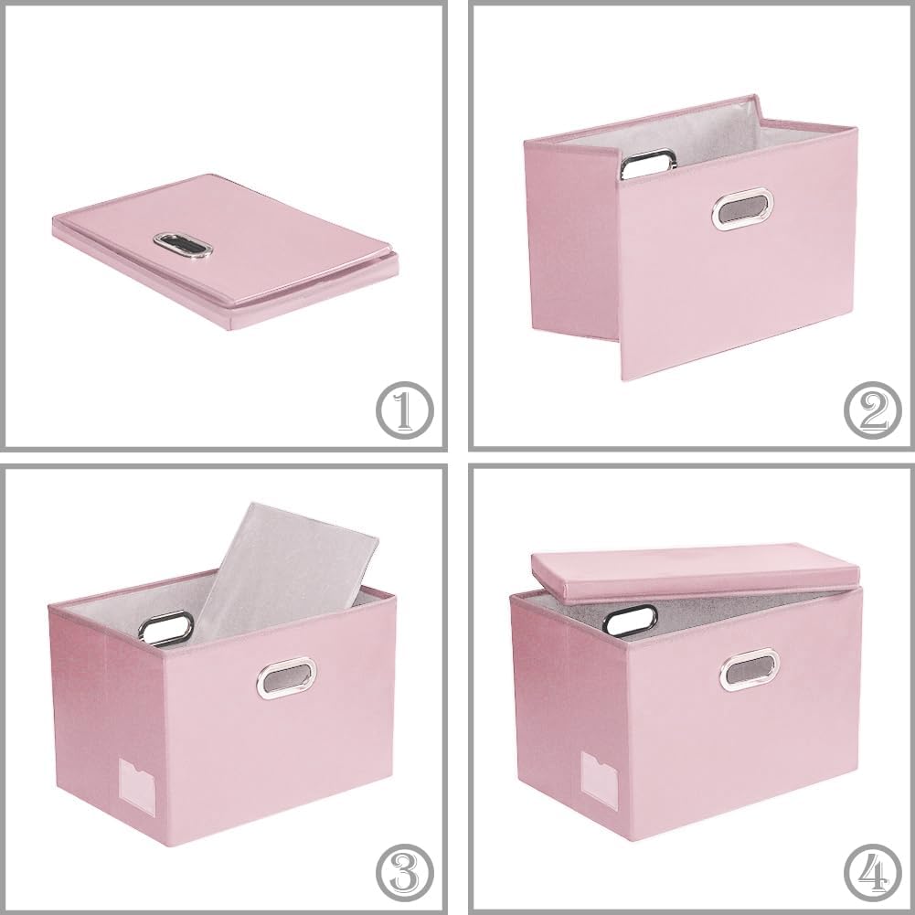 PRANDOM Collapsible Storage Bins with Lids [3-Pack] Leather Fabric Foldable Storage Boxes Organizer Containers Baskets Cube with Cover for Bedroom Closet Office Nursery Pink (14.9x10.8x10)