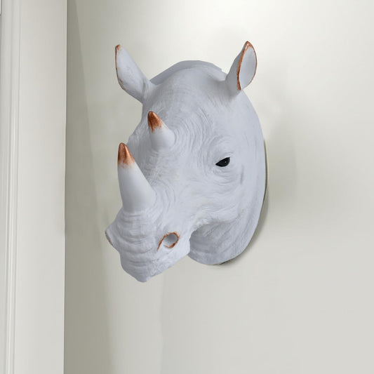 Rhino Head Wall Mount Resin Safari Animal Sculpture, Modern Faux Decor for Living Room Bedroom Office Realistic Wildlife Art Bust White