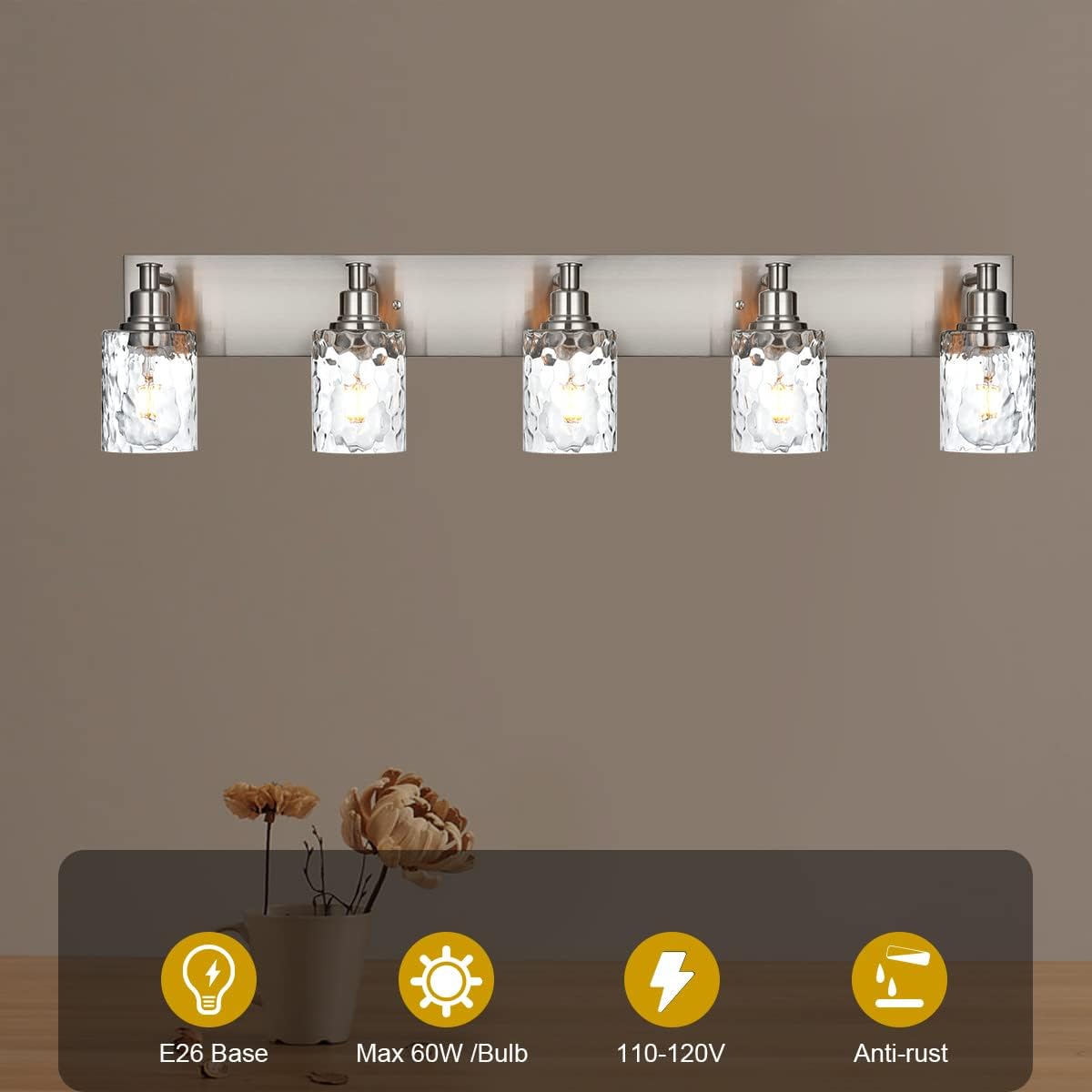 BONLICHT 5 Lights Sconces Wall Lighting Brushed Nickel with Hammered Glass Shade, Industrial Bathroom Light Fixtures Vanity Lights Porch Light Fixtures Classic Metal Wall Mount Lamp Over Mirror