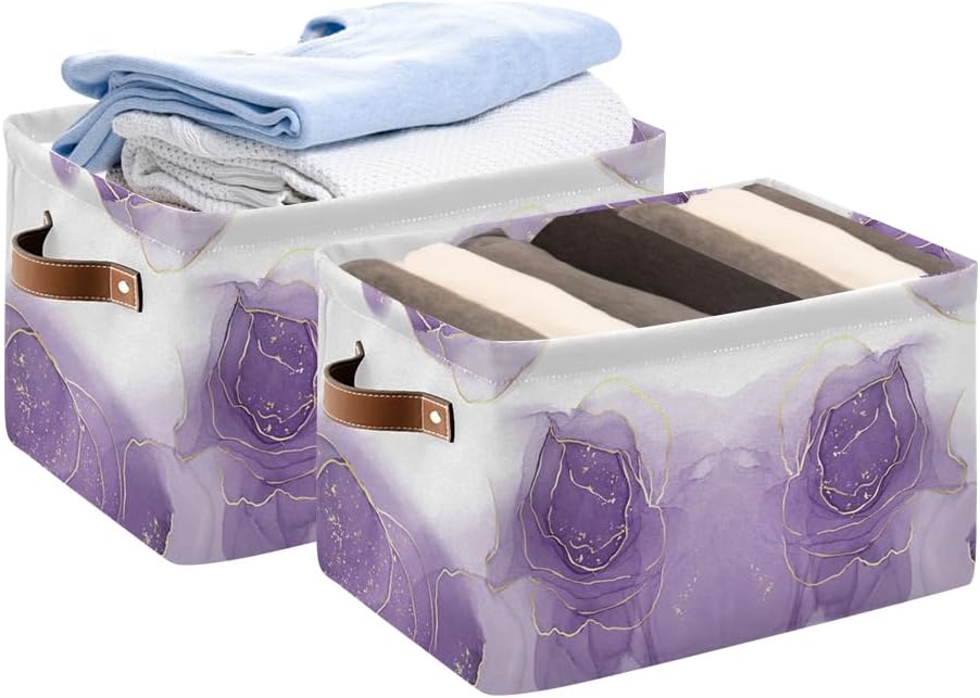 susiyo Storage Baskets for Shelves,Large Closet Baskets with Handles Collapsible Rectangular Canvas Fabric Storage Bin for Home (Purple 2 Pack, 14.2" L×10.2" W×8.3" H)
