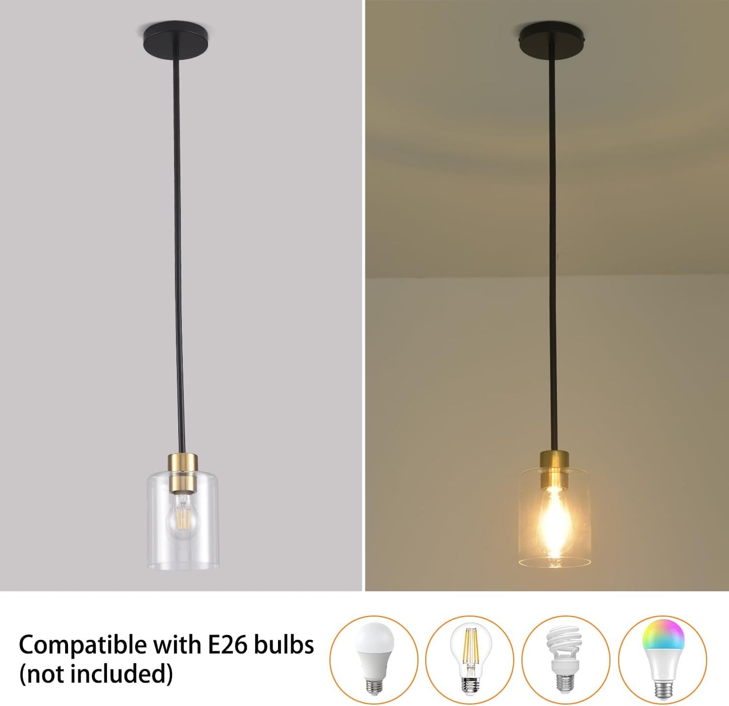 Black Brass Pendant Lights Kitchen Island - Clear Glass Pendant Light Fixture Multiple Stems Rods 3 Units 12 Inch 3 Units 4 Inch (3 Pack Black Brass Downrod)