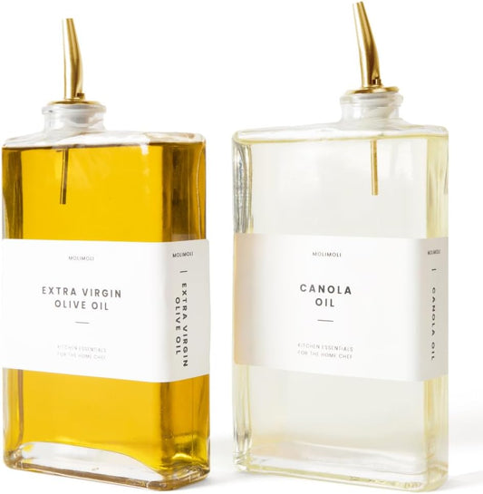 Molimoli Olive Oil Dispenser Bottle for Kitchen, Automatic Pourer, Glass Thin Bottle Dispenser for Kitchen, Olive Oil Cruet, | Set of 2 - Gold