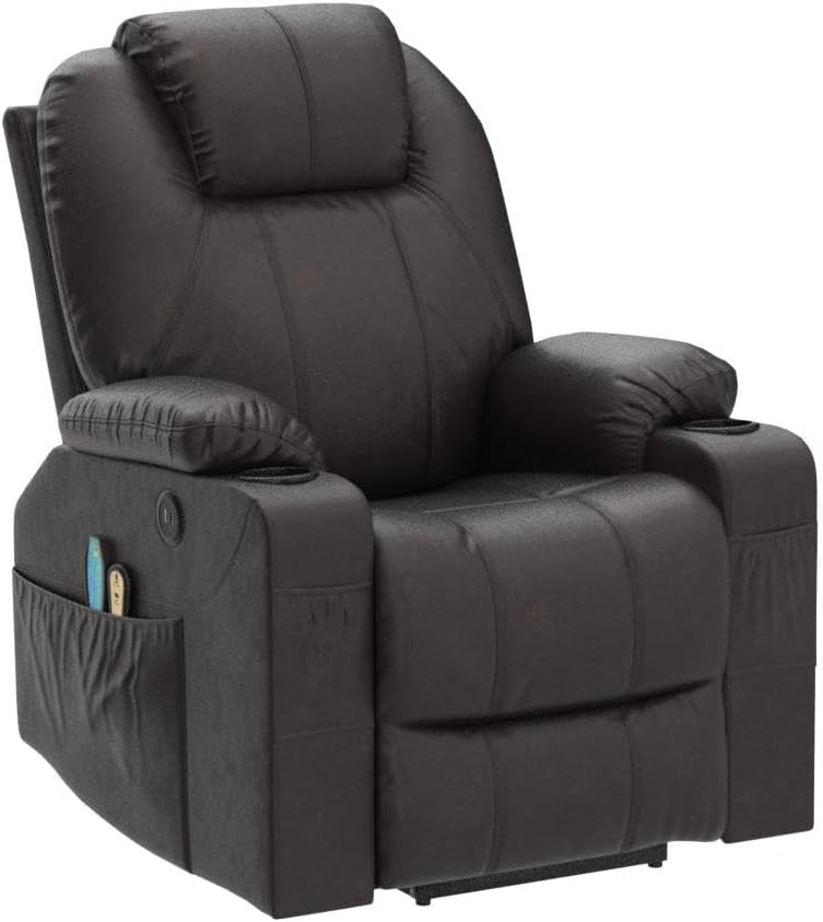 VIVIJASON Power Lift Chair Electric Recliner for Elderly Heated Vibration Massage Faux Leather Recliner Chair with 2 Remote Controls, Cup Holders, Side Pockets & USB Ports for Living Room (Brown)