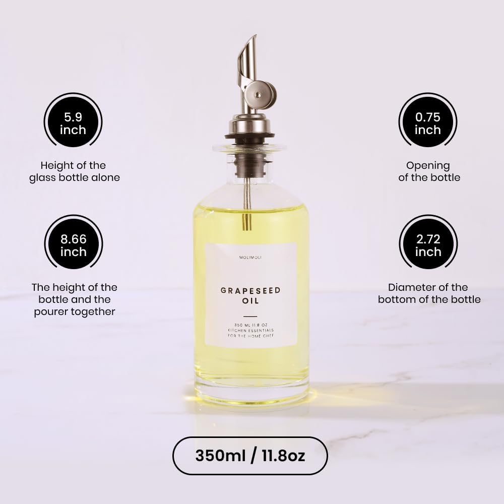 Molimoli Olive Oil Dispenser Bottle for Kitchen, Oil Dispenser w. Weighted Pourer, Glass Bottle Dispenser for Kitchen, Olive Oil Cruet, Glass Olive Oil Bottle | 350ml, Set of 4