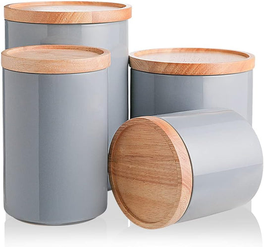 Sweejar Kitchen Canisters Ceramic Food Storage Jar Set, Stackable Containers with Airtight Seal Wooden Lid for Serving Ground Coffee, Tea, Herbs, Grains, Sugar, Salt - Set of 4(Gray)