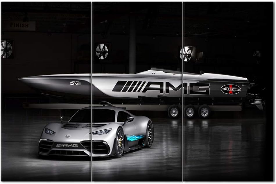 TUMOVO Sports Car Canvas Wall Art 3D Model Design On Black Background Picture Painting for Home Decoration Stretched Canvas and Ready to Hang - 28 x 14inch x 3 Panels