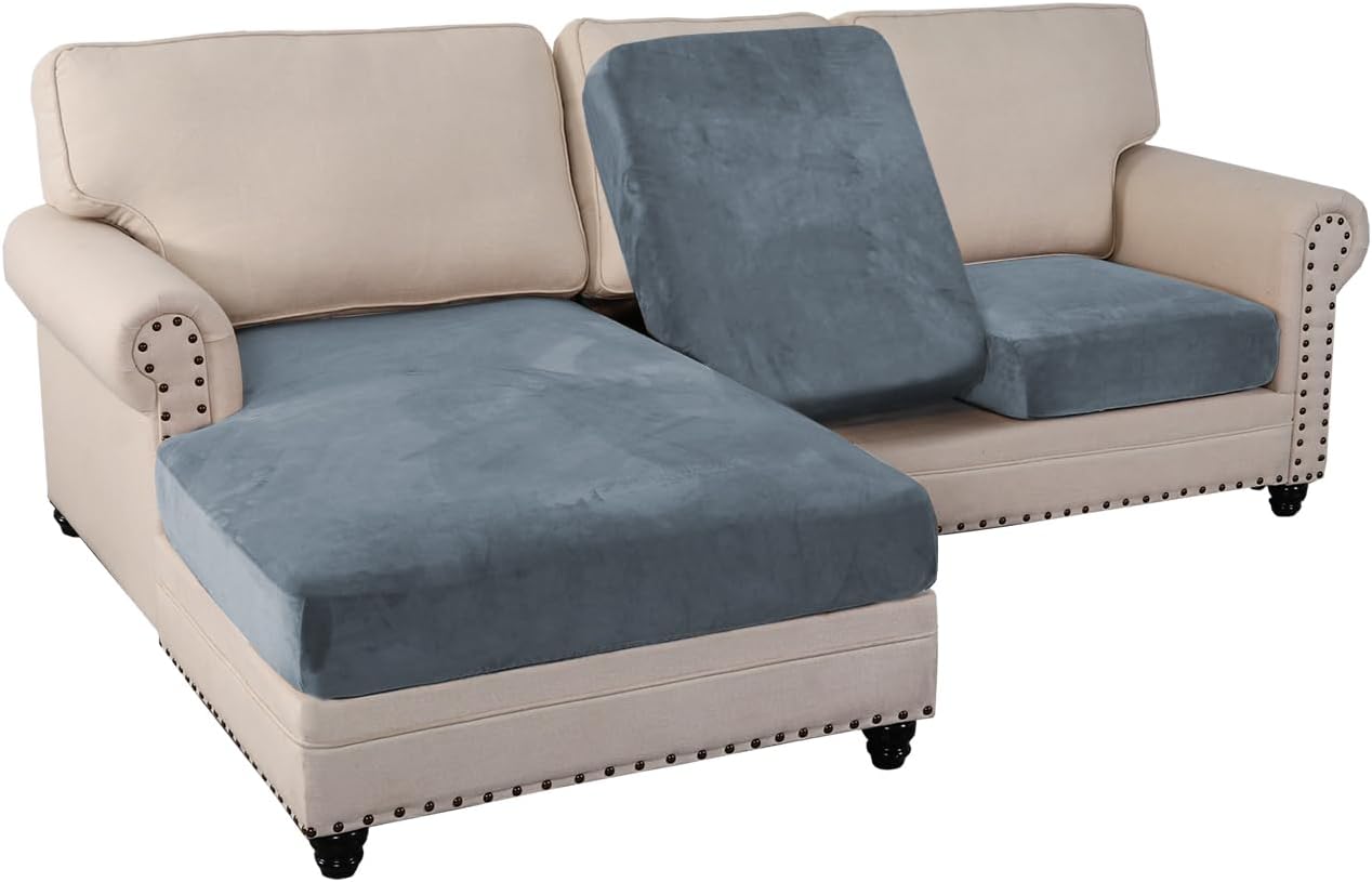 PrinceDeco Sectional Couch Covers 3 Pieces Velvet Sofa Covers L Shape Soft Couch Covers for Sectional Sofa Corner Sofa Cover Couch Cover for Dogs Washable (2 Seater + 1 Chaise,Stone Blue)