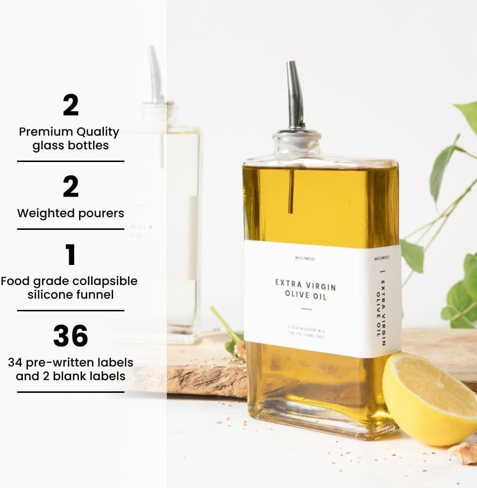 Molimoli Olive Oil Dispenser Bottle for Kitchen, Automatic Pourer, Glass Thin Bottle Dispenser for Kitchen, Olive Oil Cruet, | Set of 2 - Silver