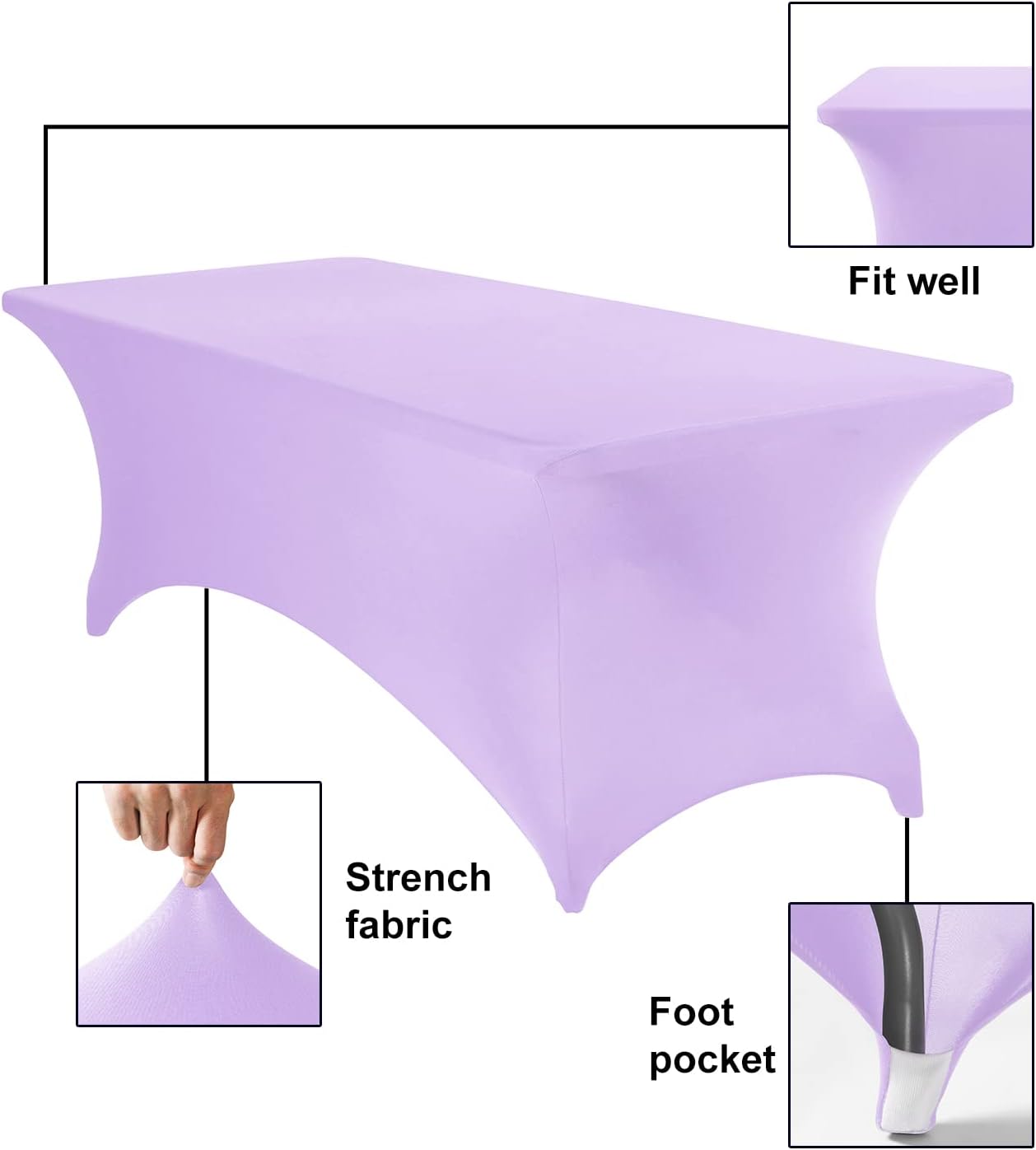 2Pack Spandex Waterproof Table Covers 8ft，Spandex 8ft Waterproof Table Cover for Party,Wedding, Banquet, and Events(Lavender)