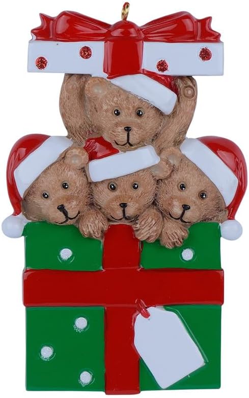Personalized Bear Family Christmas Ornament 2024, Family of 4 Bear with Gift Box Ornaments for Christmas Tree, Personalized Bear Christmas Ornament, Unique Handmade Teddy Bear Christmas Ornament