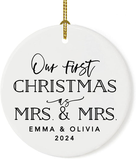 Andaz Press Personalized Our First Christmas As Mrs. & Mrs. 2025 Christmas Ornament Modern Black and White 2.8" Round Porcelain Ceramic Lesbian Married Couple Gay Women Newlyweds Keepsake 1-Pack