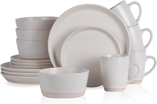 Stone Lain Jules Stoneware Dinnerware, Plates and Bowls, Dish Set for 4, Off White, Microwave & Dishwasher Safe, 16-Piece