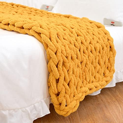 Chunky Knit Blanket Throw 40"*60", Hand Knitted Warm Chenille Throw Blanket, Home Decor Soft Thick Yarn Cable Knit Blanket,Soft Breathable Fleece Banket Christmas for Couch Bed Sofa Best Gift (Yellow)