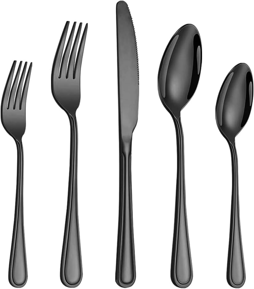 40 Pcs Black Silverware Set for 8 with Simple Striped Handle Design, Food Grade Stainless Steel Flatware Set, Eating Utensils Sets Include Fork/Knife/Spoon, Cutlery Set, Dishwasher Safe