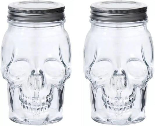 Set of 2 Skull Mason Jar Glasses with Lids | 16oz Reusable Halloween Drinking Glasses | Unique Skull Décor, Storage, & Canning Jars for Parties & Gifts