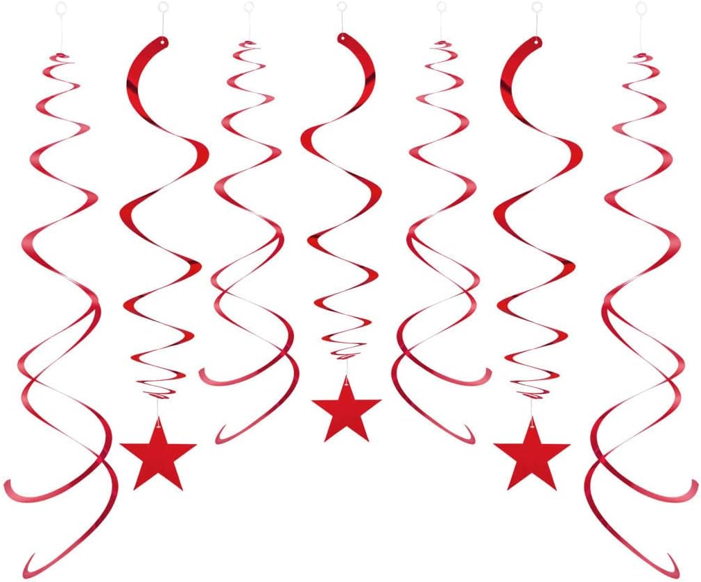 Party Star Swirl Decorations, Red Foil Ceiling Hanging Swirl Decorations with Star, Whirls Decorations for Birthday | Wedding | Anniversary | Graduation Party Supplies, Pack of 30