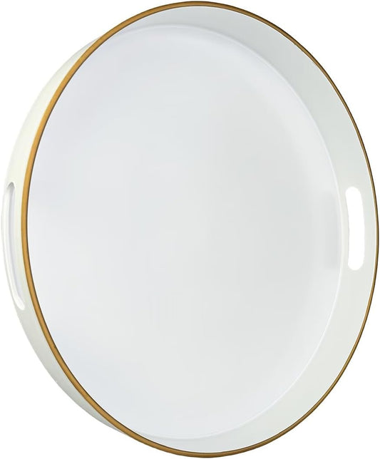 13" Round Decorative Tray, White Serving Tray with Handles, Plastic Coffee Table Tray for Ottoman, Living Room, Bathroom, Décor.