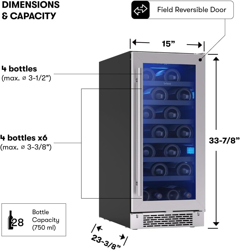 Zephyr Brisas 15 Inch Slim Wine Fridge Single Zone Under Counter - Narrow Mini Wine Cooler Small Cabinet Wine Refrigerator Home Bar Freestanding with Glass Door - 28 x 750ml Bottles