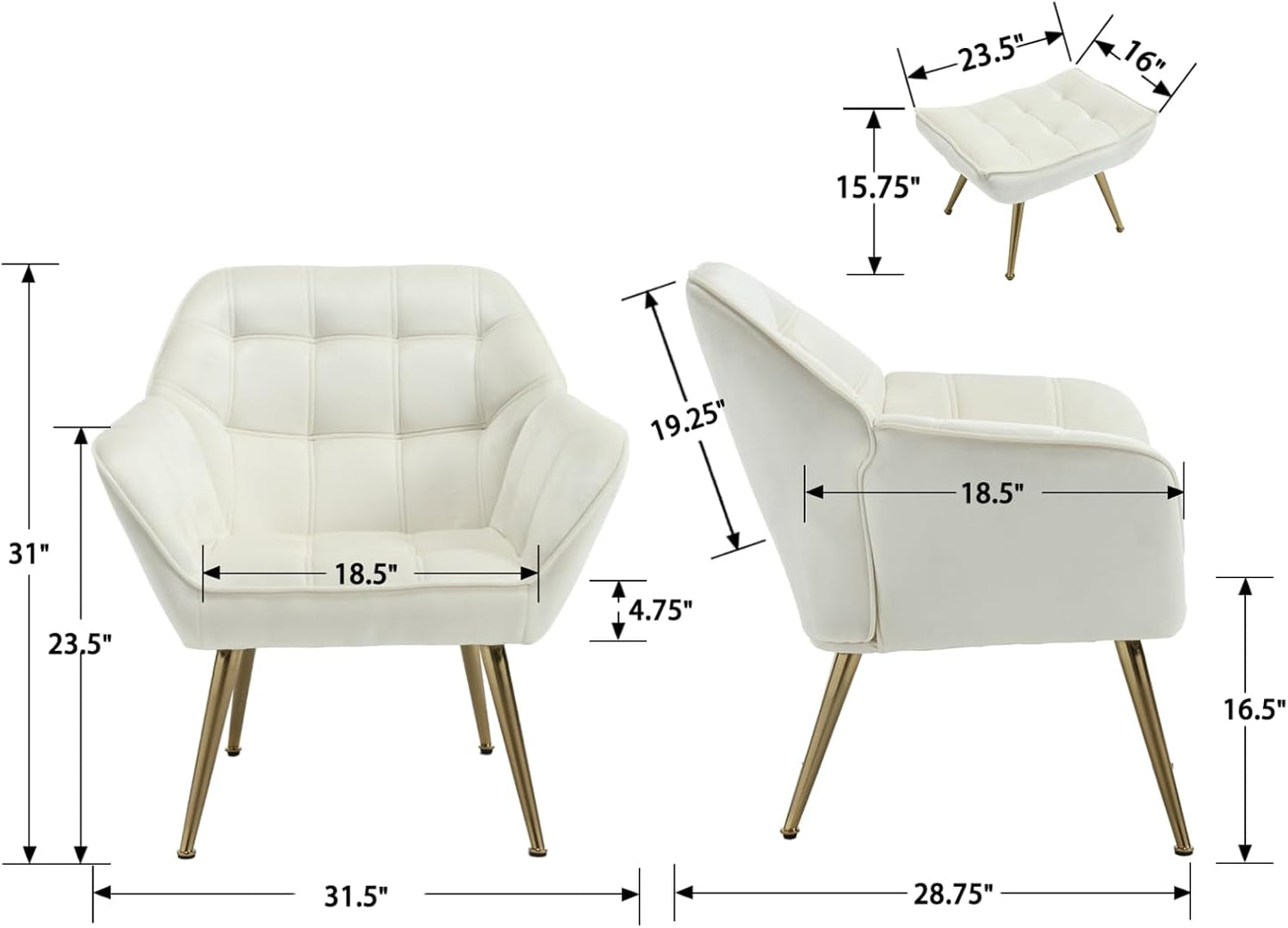 Modern Velvet Accent Chair with Ottoman, Upholstered Lounge Chair with Footrest, Comfy Living Room Chair with Gold Legs Accent Side Chair Armchair for Small Space Bedroom Apartment, Beige