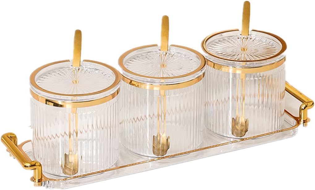 Acrylic Condiment Spice Jars and Box with Lids, Spoons, Tray - 3 Pack, Clear Plastic Canisters, Seasoning Box Set for Salt, Paprika, Sugar - Kitchen Storage