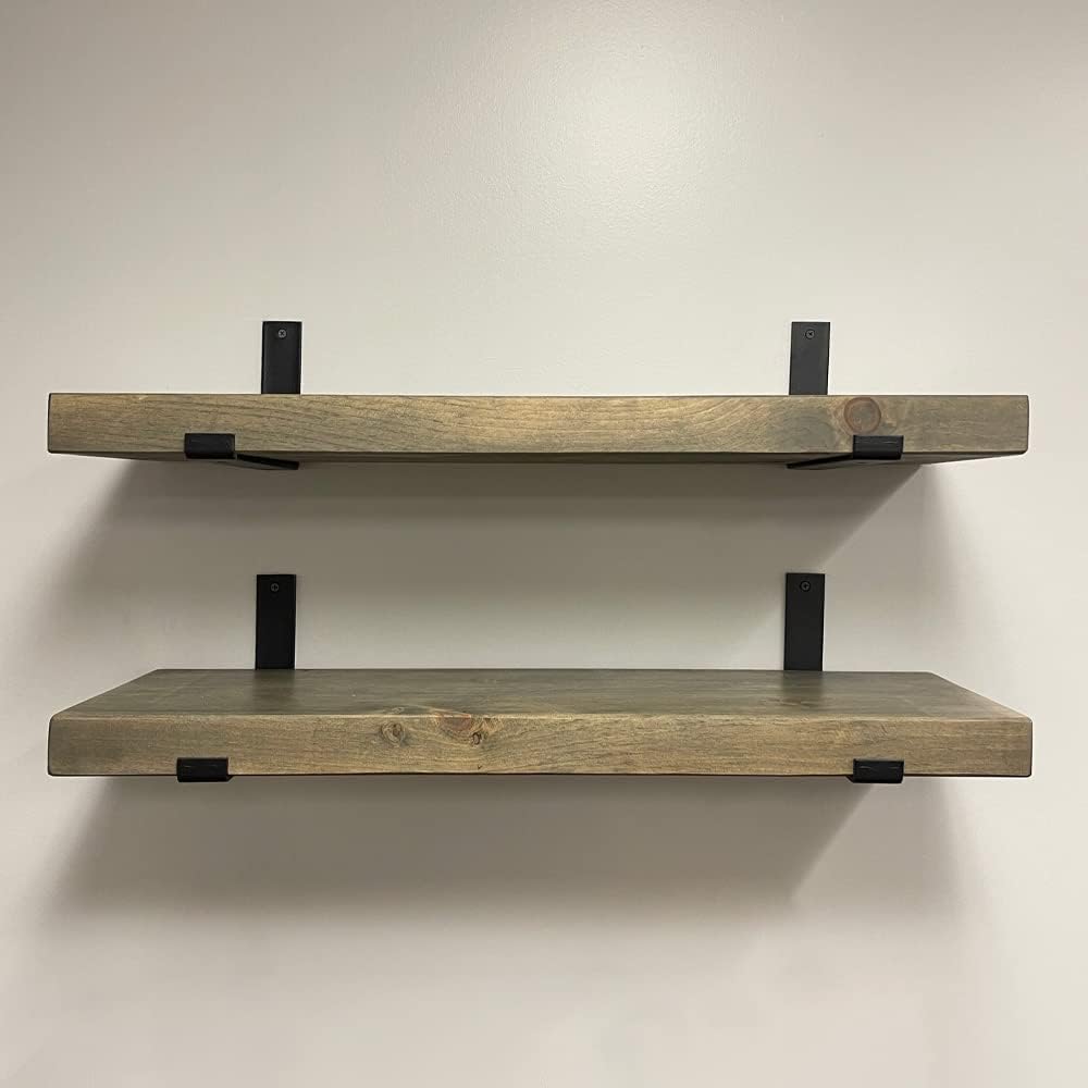 Rustic Shelves with J-Brackets Set of 2, Industrial Shelf, Kitchen Shelves, Solid Wood, Decorative Wall Storage, Heavy Duty, URBANDI (Grey, 36Wx8D)