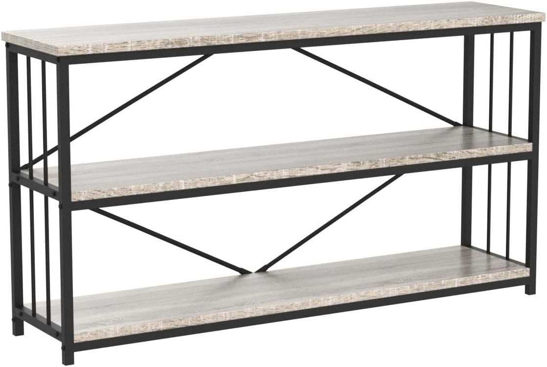 LVB Farmhouse Industrial Console Table, Wood Metal Foyer Entryway Sofa Tables with Storage, 3 Tier Long Rustic Entry Table TV Stand with Shelves for Home Living Room Hallway, Light Grey Oak, 55 Inch