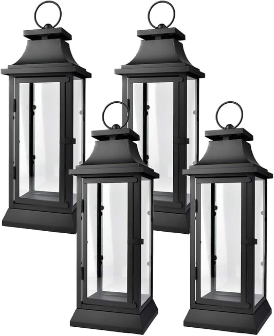 Serene Spaces Living Set of 4 Black Hurricane Lanterns with Clear Glass Panels - Ideal for Home Decor, Parties & Events - Table Top or Hanging Lantern for Indoor & Outdoor Use - Measures 15" Tall
