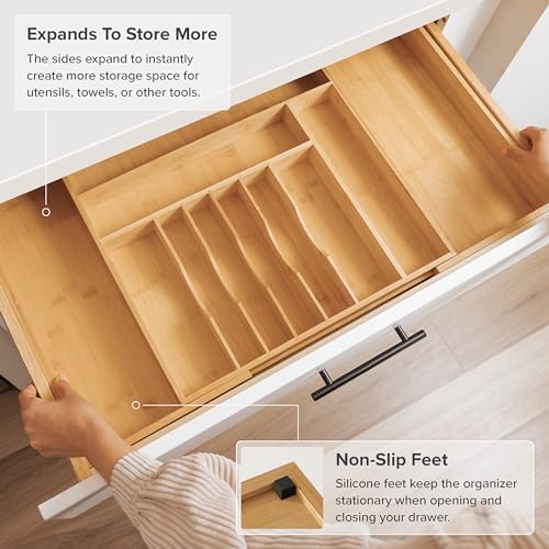Premium Silverware, Flatware and Utensil Organizer for Kitchen Drawers, Food-Safe Contract Grade, Expandable from 18 to 33 In, Natural Bamboo