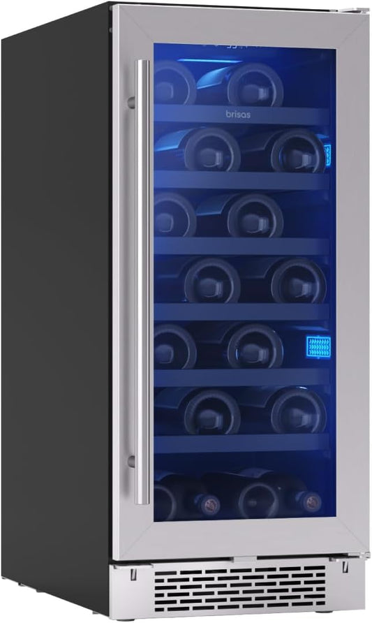 Zephyr Brisas 15 Inch Slim Wine Fridge Single Zone Under Counter - Narrow Mini Wine Cooler Small Cabinet Wine Refrigerator Home Bar Freestanding with Glass Door - 28 x 750ml Bottles