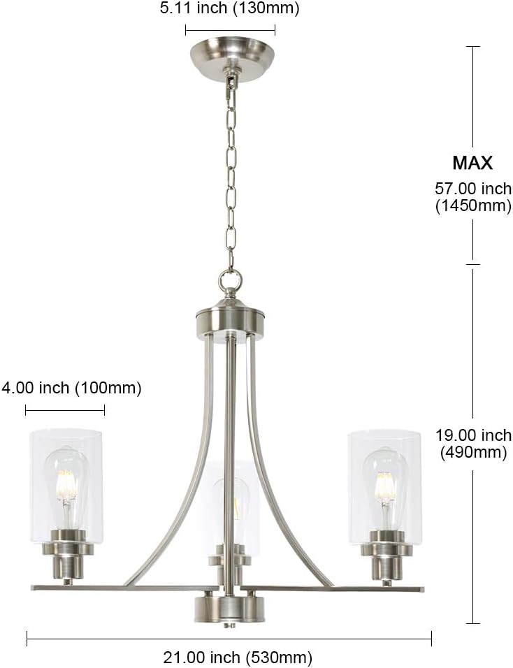 BONLICHT Contemporary Chandelier 3 Light Brushed Nickel Modern Lighting Fixtures Hanging Clear Glass Shades Pendant Light Classic Ceiling Lamp for Kitchen Dinging Room Living Room Bedroom Hallway